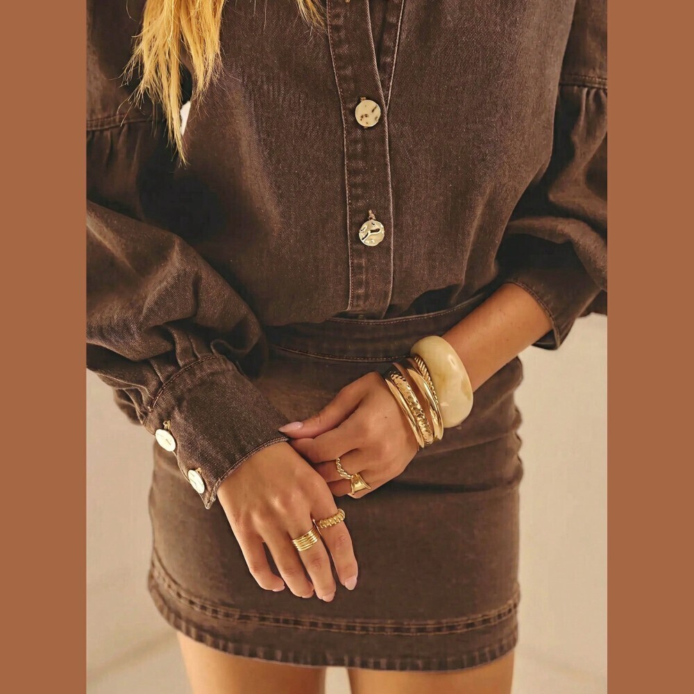 Brown Denim Button Front Shirt with Bishop Sleeves - Picture 7 of 7